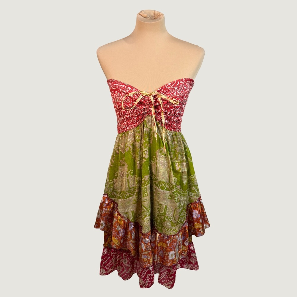 Silly Yeti Strapless Patchwork Silk Dress Paisley Boho Cottagecore S (estimated)